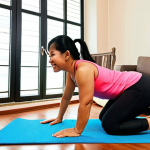 A diverse Malaysian family, including a mother and father, performing bodyweight exercises like squats and planks in a cozy living room. On a nearby dining table, a vibrant, healthy meal of rice, grilled fish, and fresh vegetables is laid out. The scene is bright and encouraging, emphasizing accessible home fitness and balanced nutrition. Kuala Lumpur apartment aesthetic, soft natural light.