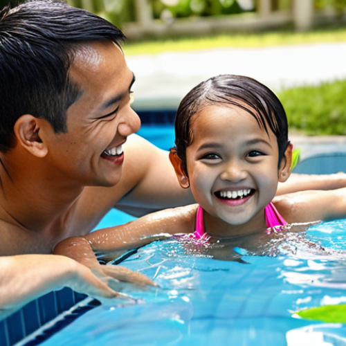 Home 8 **
> A swimming coach smiling, watching a young Malay child triumphantly swimming independently in a pool, overcoming fear, with a bright, sunny background. Focus on the child's proud expression.
**