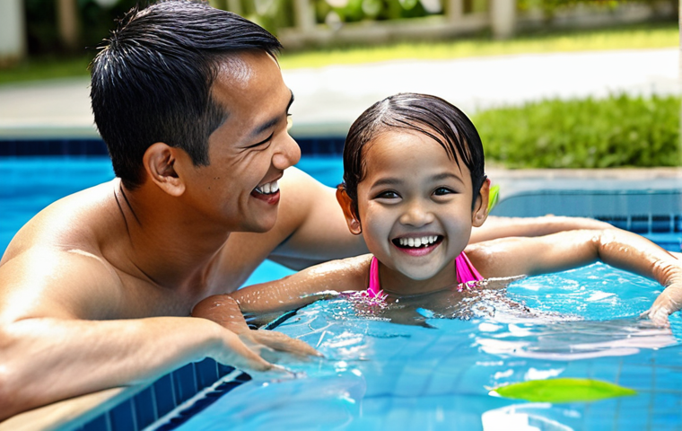 **

> A swimming coach smiling, watching a young Malay child triumphantly swimming independently in a pool, overcoming fear, with a bright, sunny background. Focus on the child's proud expression.

**