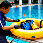 Safety Equipment Check**

"A swimming coach, fully clothed in appropriate sports attire, meticulously checking life jackets and safety buoys near a pool in Malaysia. The scene should show a clean, well-maintained pool area with clear signage in Bahasa Malaysia. Focus on the coach's attention to detail and the well-organized safety equipment. Safe for work, appropriate content, family-friendly, professional."

**
