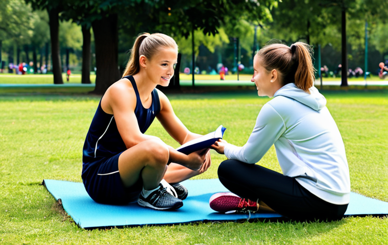 **

"A coach, fully clothed in athletic wear, sitting down with a young athlete in modest sportswear, discussing a schedule book. Background: a park with families enjoying recreational activities, safe for work, appropriate content, family-friendly. Perfect anatomy, correct proportions, natural pose, well-formed hands, proper finger count, natural body proportions, professional photography, high quality."

**