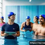 수영강사 이직 인터뷰 팁 - A professional swimming coach in a modern aquatic center in Malaysia, wearing clean, neat sportswear...