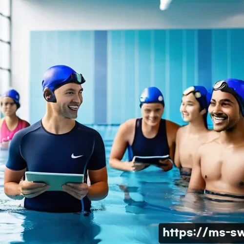 수영강사 이직 인터뷰 팁 - A professional swimming coach in a modern aquatic center in Malaysia, wearing clean, neat sportswear...