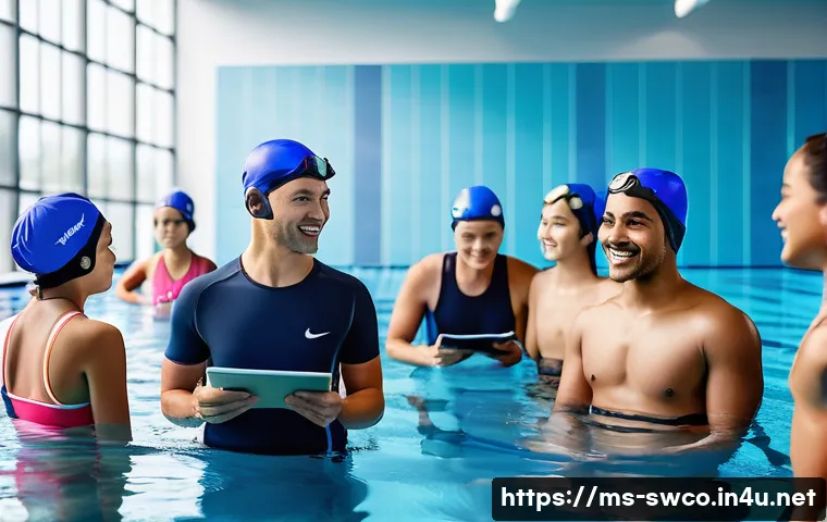 수영강사 이직 인터뷰 팁 - A professional swimming coach in a modern aquatic center in Malaysia, wearing clean, neat sportswear...